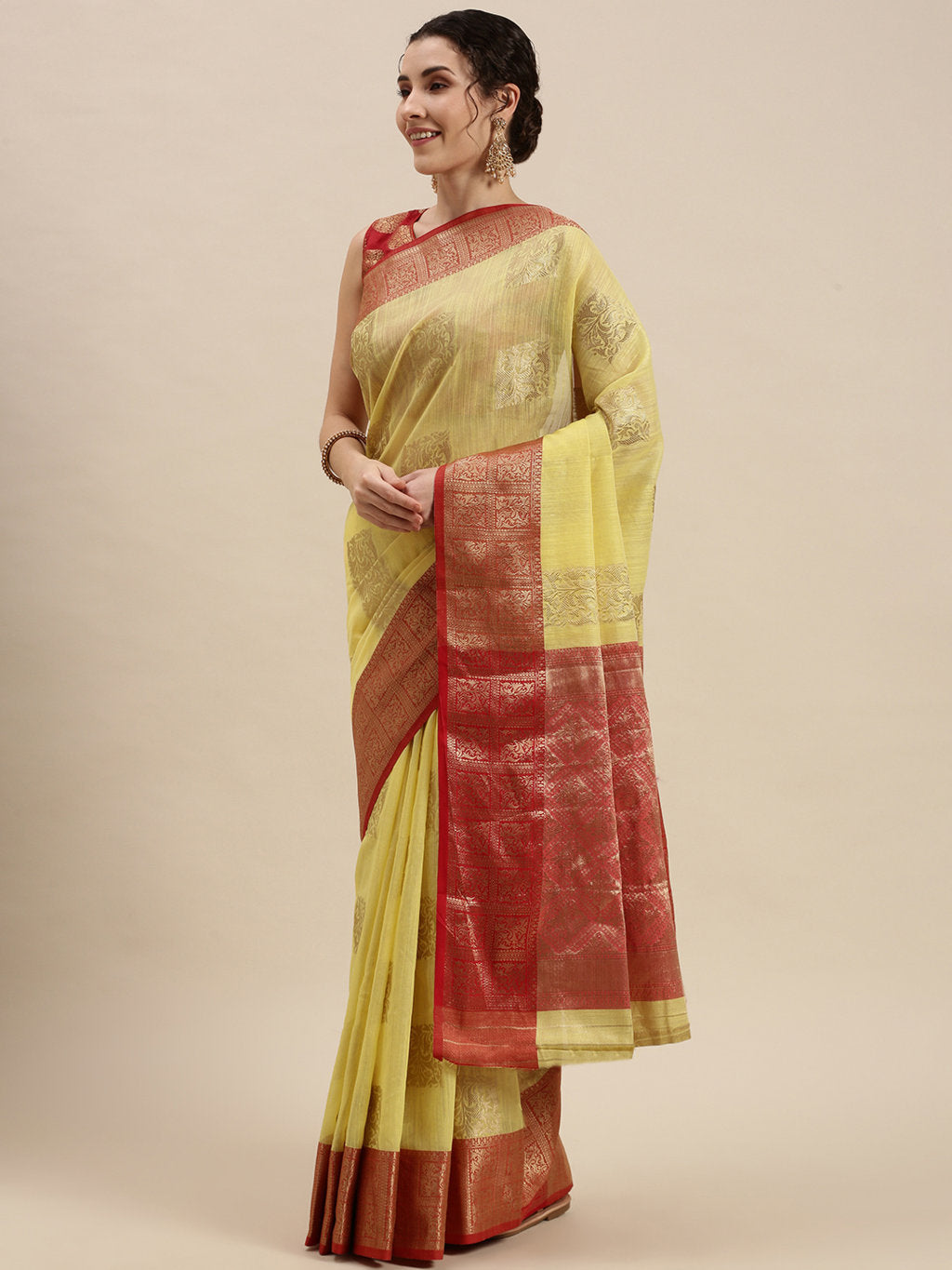 Women's Yellow Linen Woven Work Traditional Saree - Sangam Prints