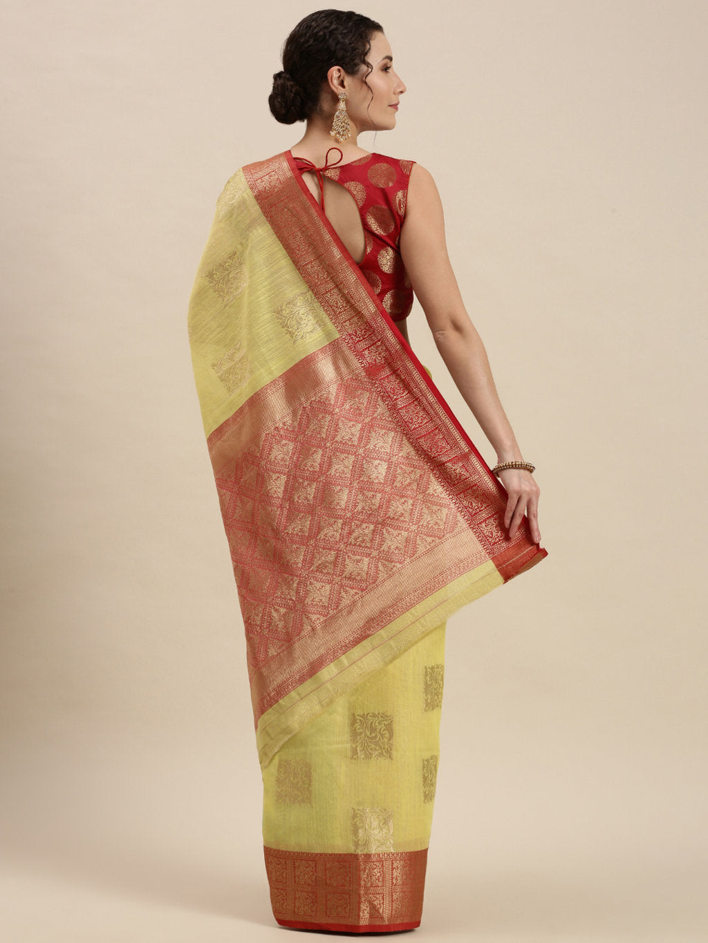Women's Yellow Linen Woven Work Traditional Saree - Sangam Prints