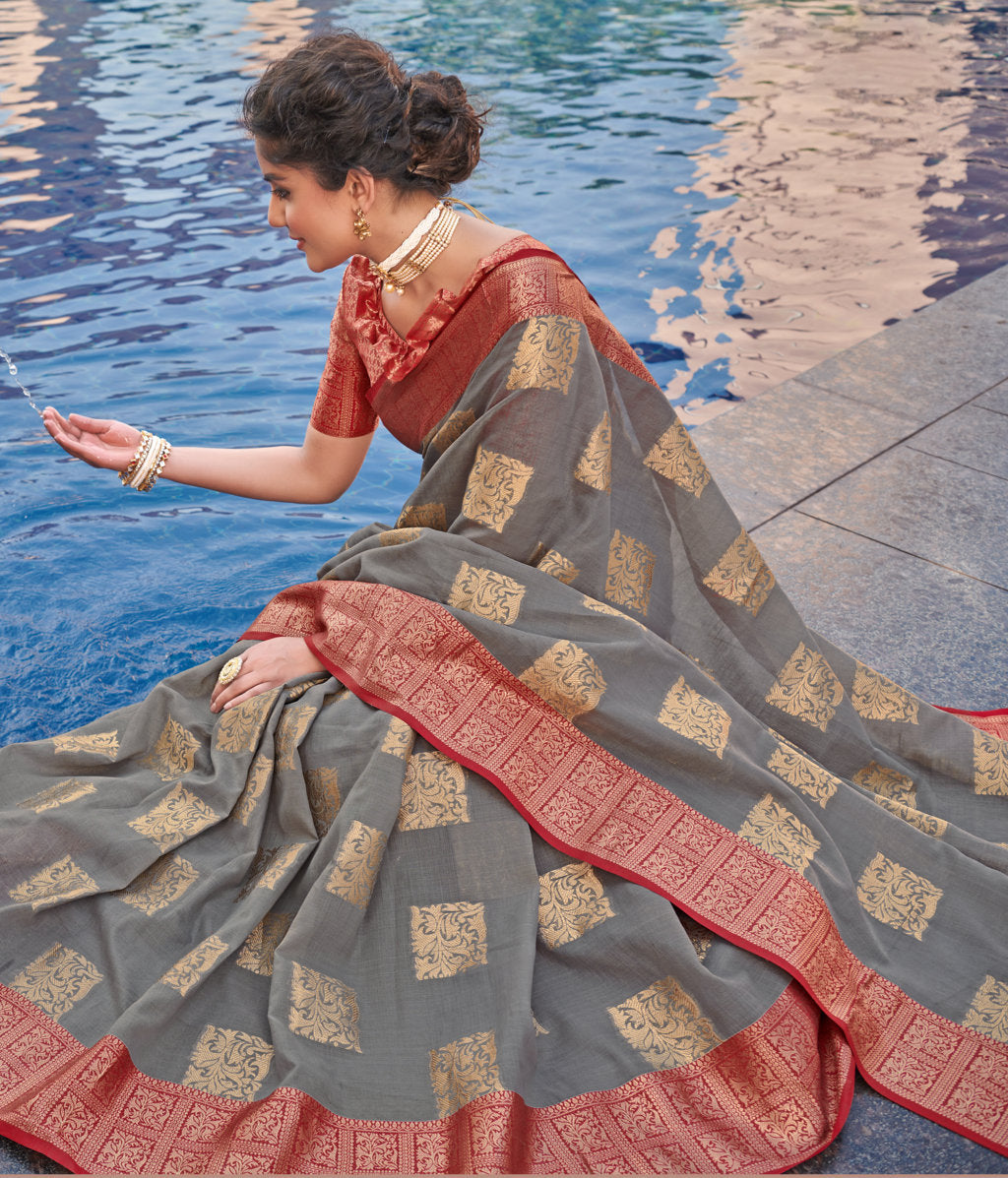 Women's Grey Linen Wover Work Traditional Saree - Sangam Prints