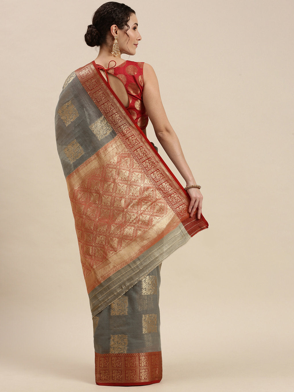Women's Grey Linen Woven Work Traditional Saree - Sangam Prints
