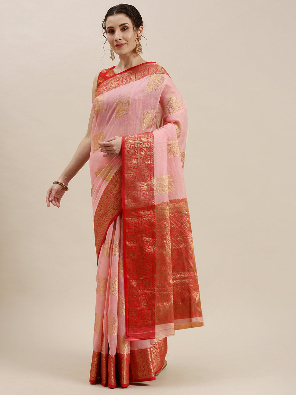 Women's Pink Linen Woven Work Traditional Saree - Sangam Prints
