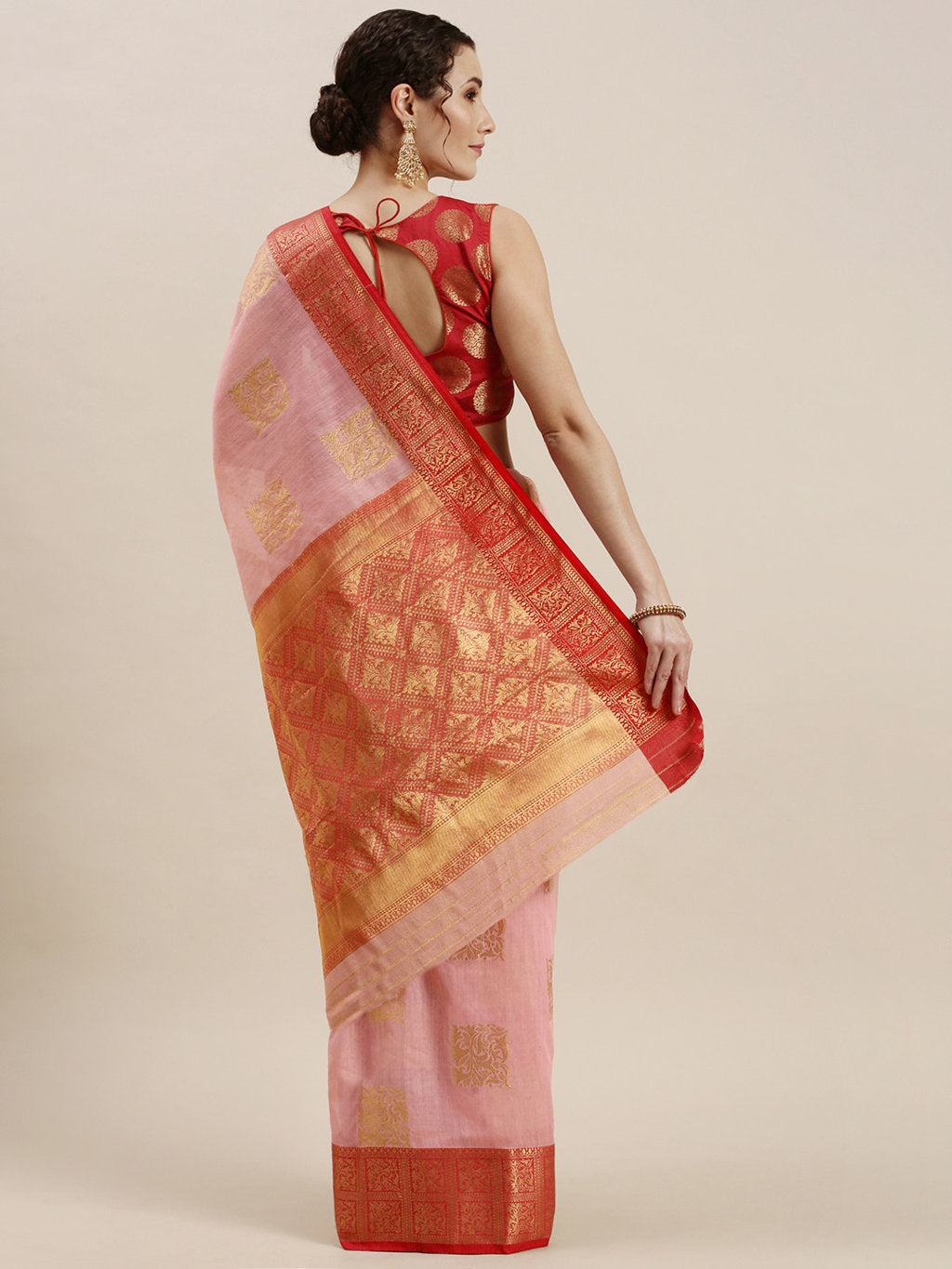 Women's Pink Linen Woven Work Traditional Saree - Sangam Prints