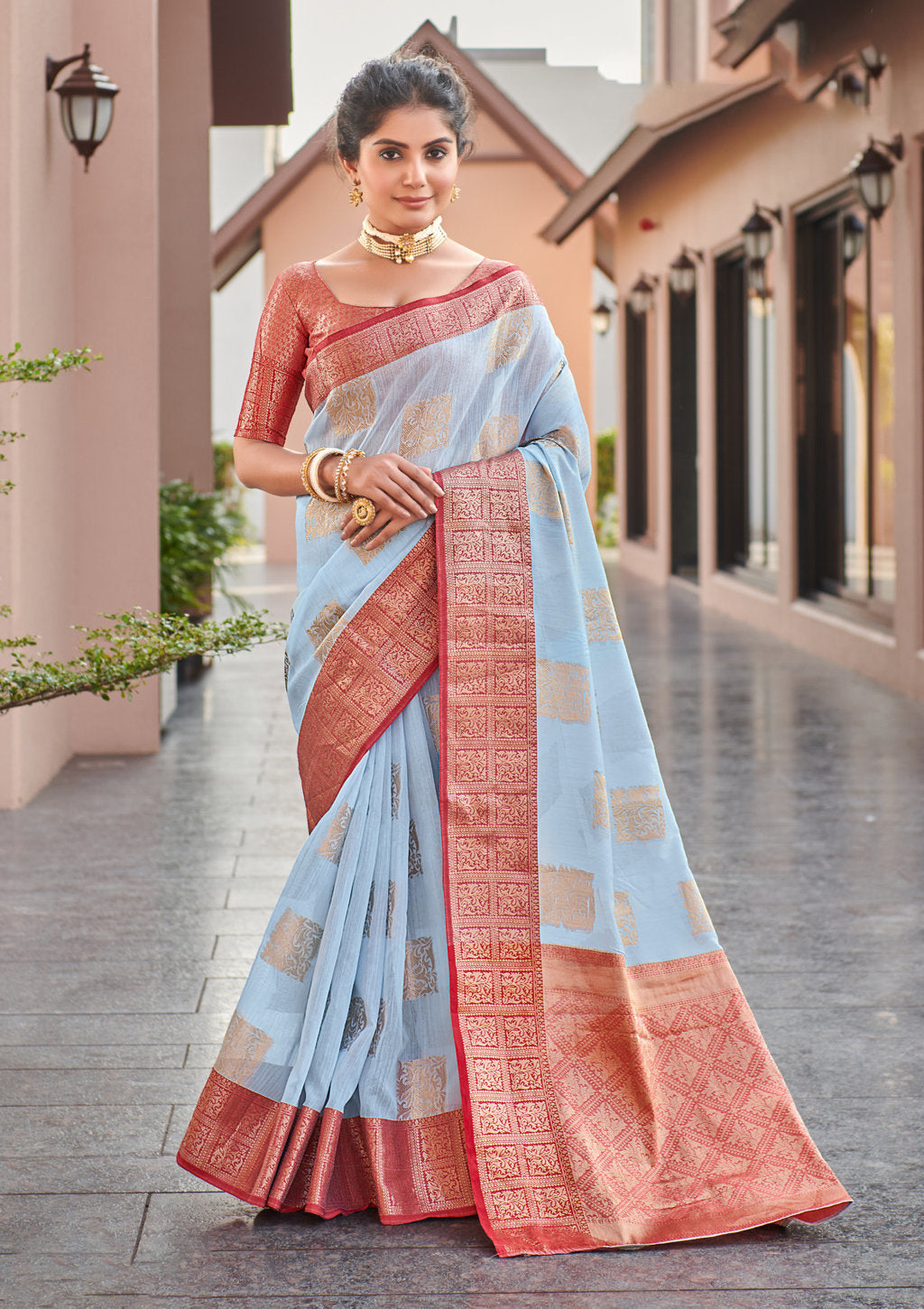 Women's Sky Blue Linen Wover Work Traditional Saree - Sangam Prints