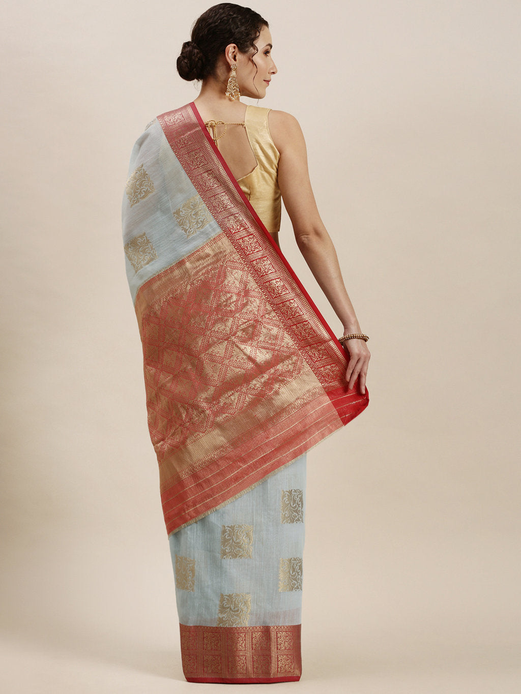 Women's Sky Blue Linen Woven Work Traditional Saree - Sangam Prints