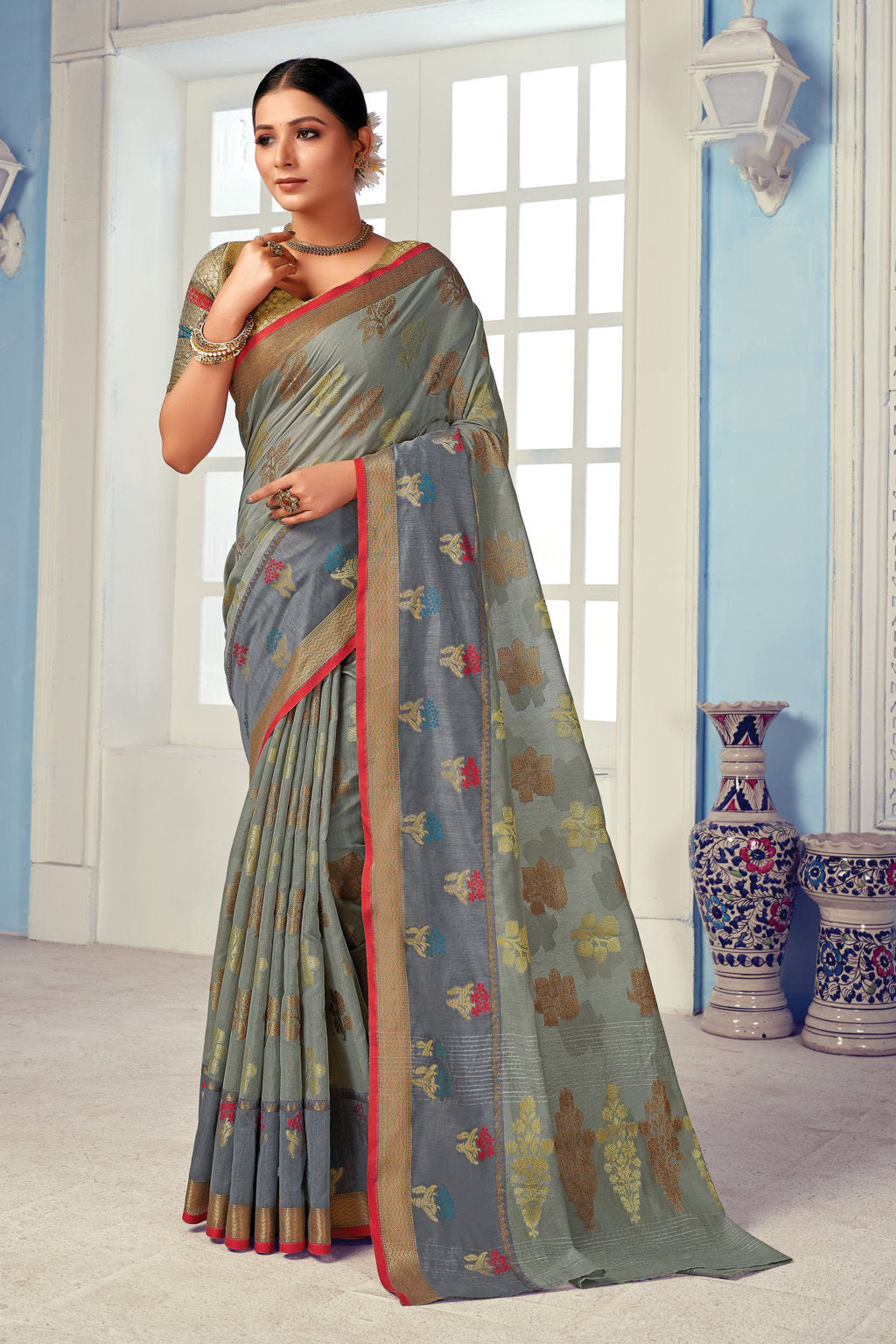 Women's Grey Cotton Handloom Wover Work Traditional Saree - Sangam Prints