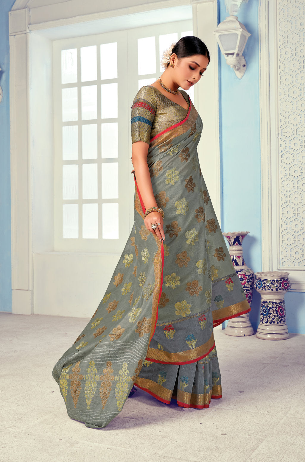 Women's Grey Cotton Handloom Wover Work Traditional Saree - Sangam Prints