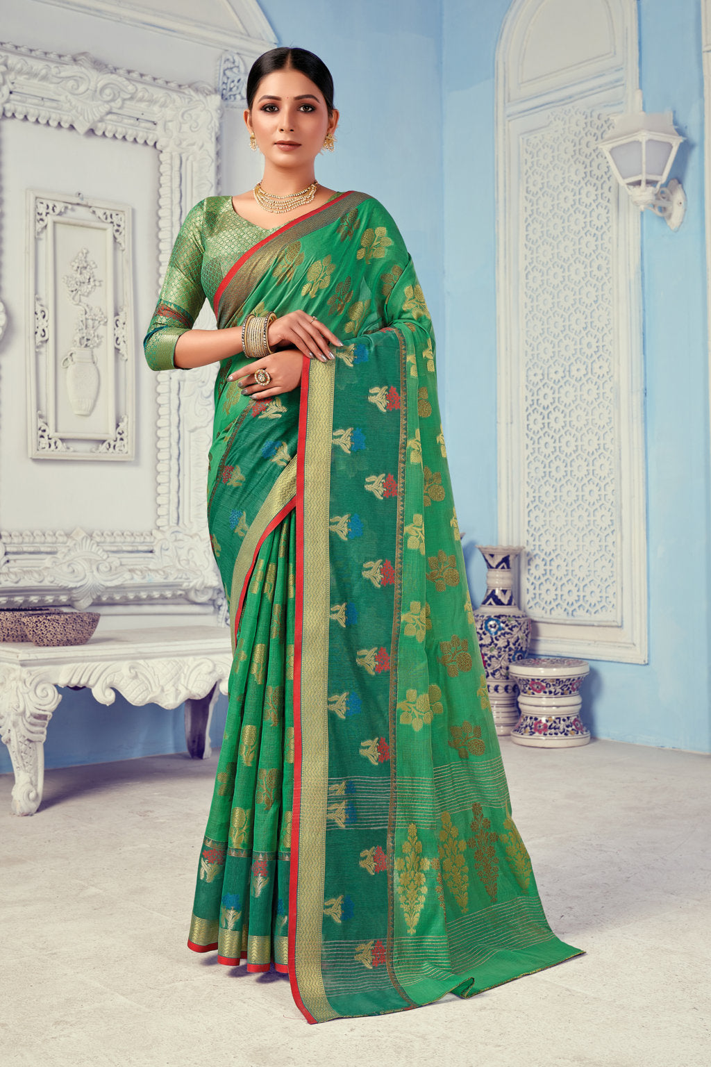 Women's Green Cotton Handloom Wover Work Traditional Saree - Sangam Prints
