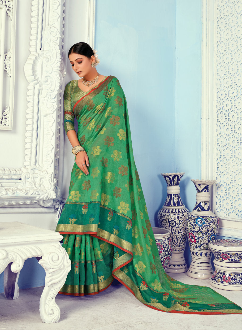 Women's Green Cotton Handloom Wover Work Traditional Saree - Sangam Prints