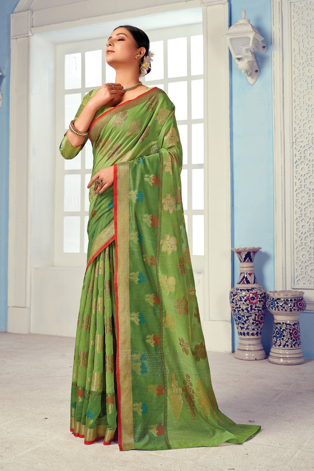 Women's Parrot Green Cotton Handloom Wover Work Traditional Saree - Sangam Prints