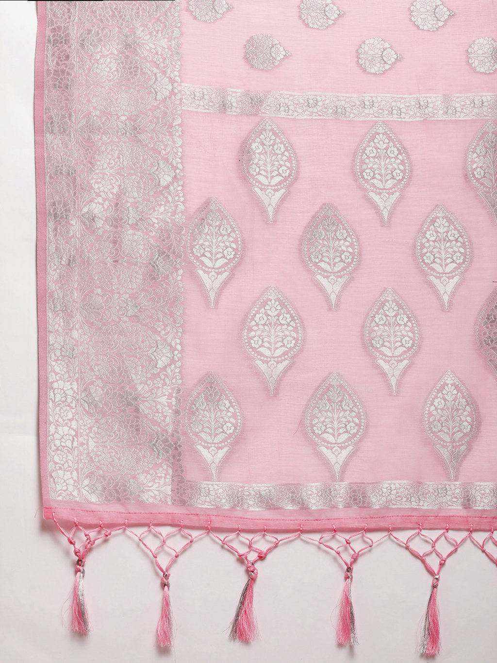 Women's Pink Linen Silver Zari Work Traditional Tassle Saree - Sangam Prints