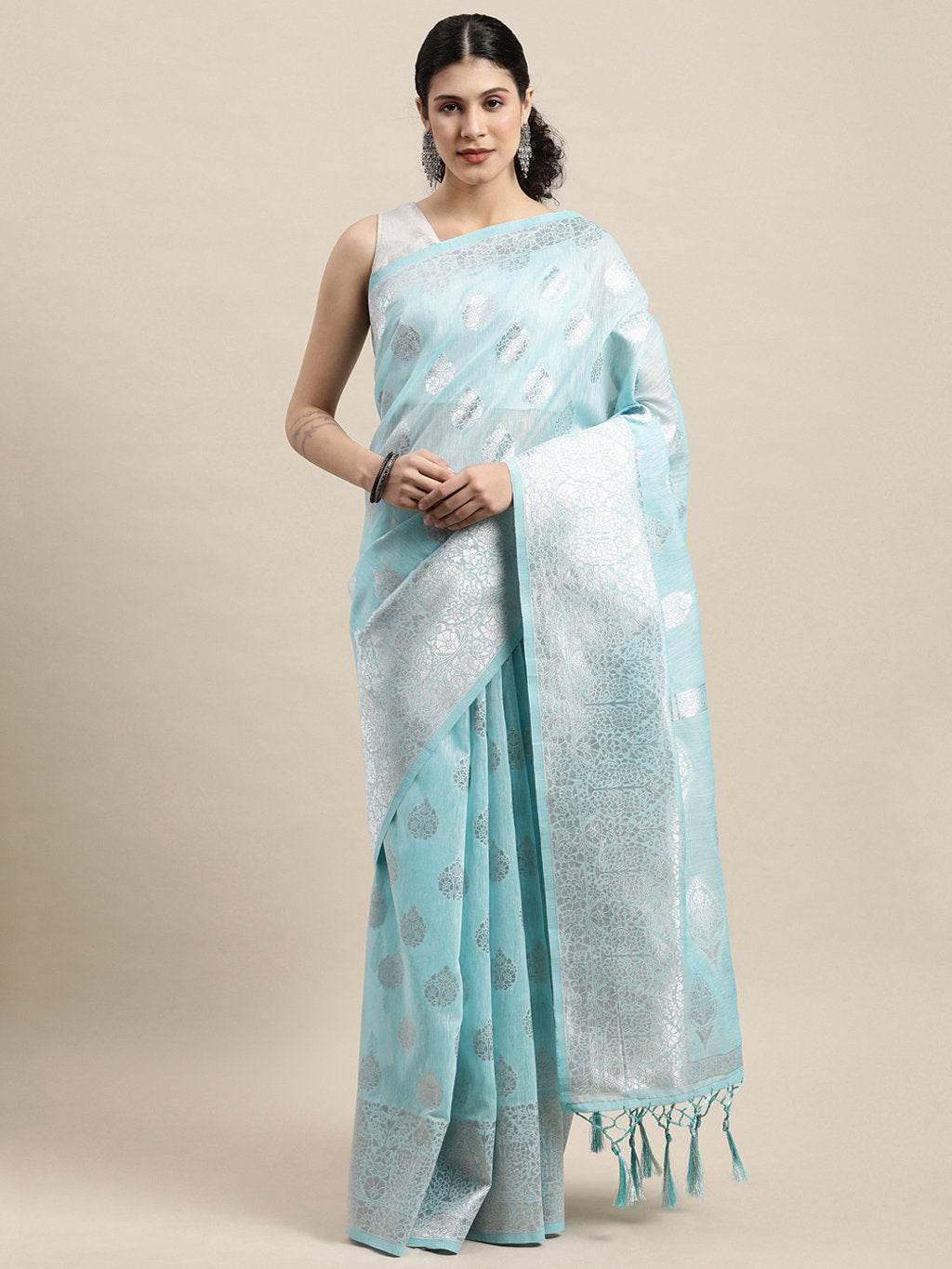 Women's Sky Blue Linen Silver Zari Work Traditional Tassle Saree - Sangam Prints