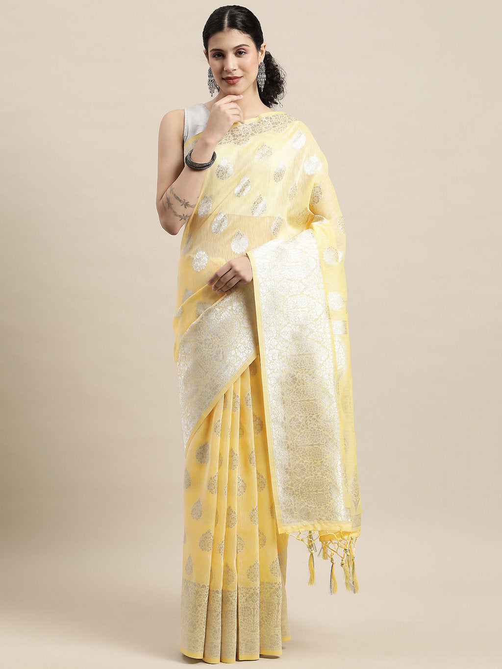 Women's Yellow Linen Silver Zari Work Traditional Tassle Saree - Sangam Prints