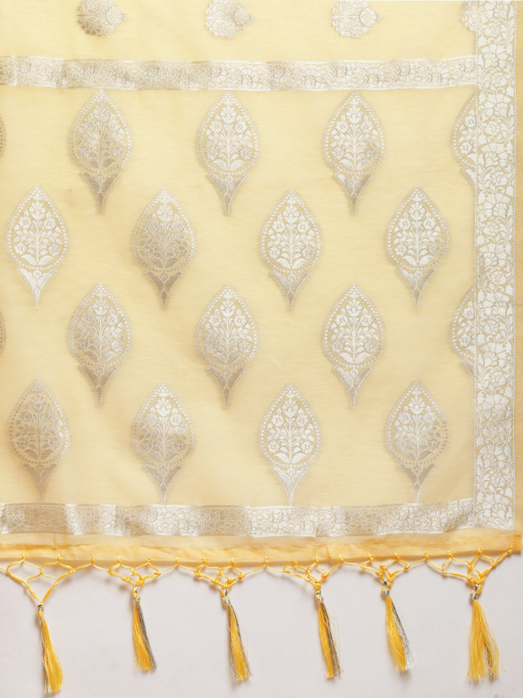Women's Yellow Linen Silver Zari Work Traditional Tassle Saree - Sangam Prints