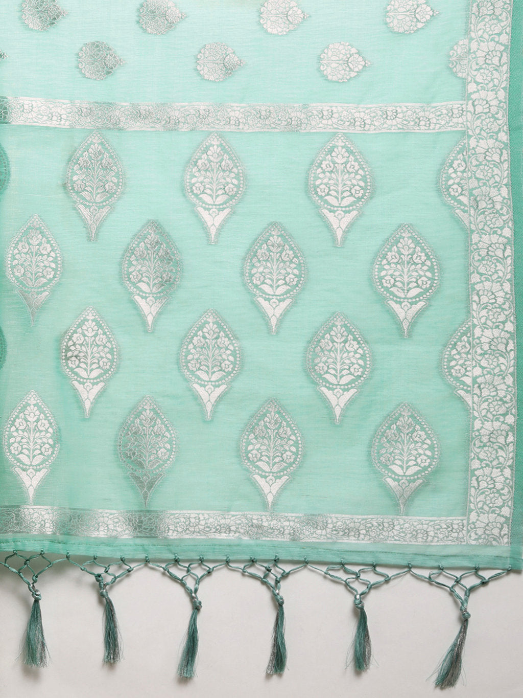Women's Sea Green Linen Silver Zari Work Traditional Tassle Saree - Sangam Prints