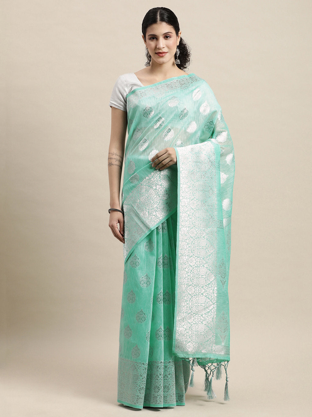 Women's Sea Green Linen Silver Zari Work Traditional Tassle Saree - Sangam Prints