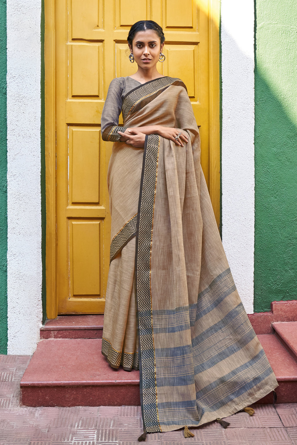 Women's Beige Linen Woven Work Traditional Tassle Saree - Sangam Prints