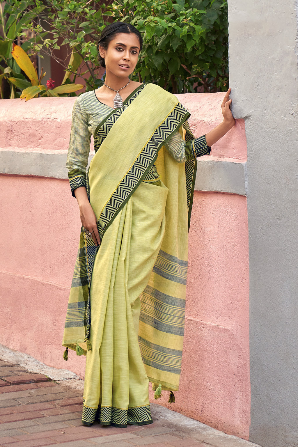 Women's Light Green Linen Woven Work Traditional Tassle Saree - Sangam Prints