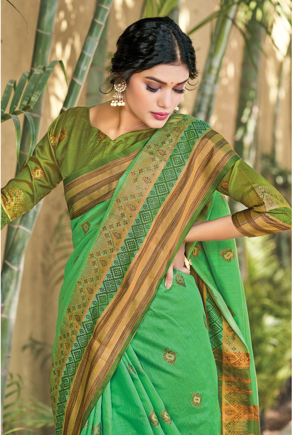 Women's Sangam Prints Green Cotton Zari Work Traditional saree - Sangam Prints