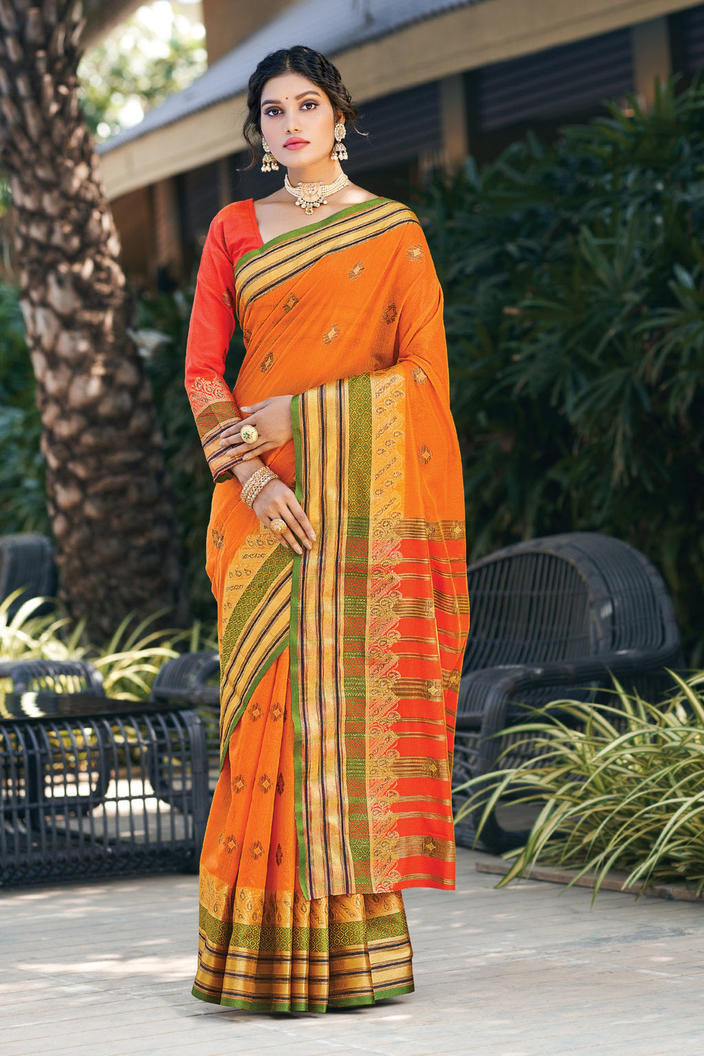 Women's Sangam Prints Orange Cotton Zari Work Traditional saree - Sangam Prints