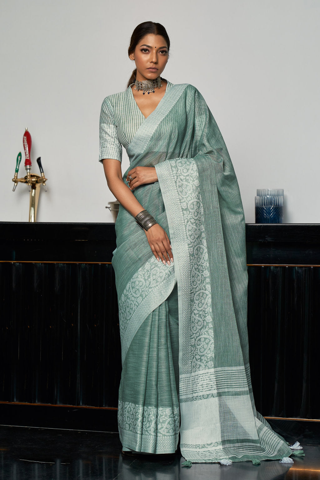 Women's Grey Linen Woven Work Traditional Tassle Saree - Sangam Prints