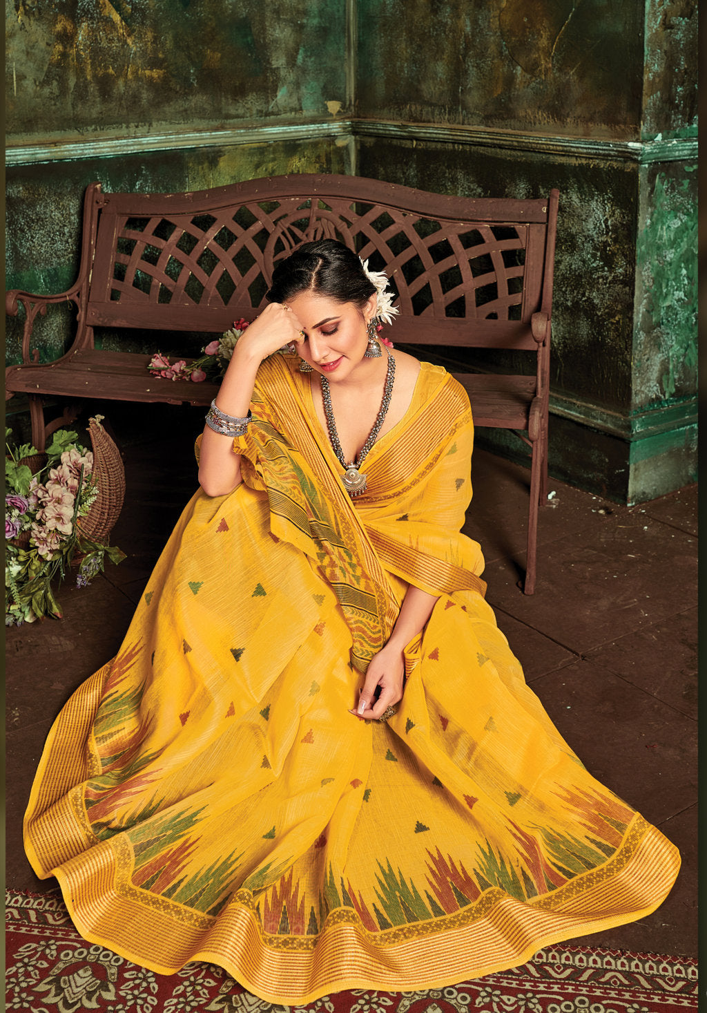 Women's Sangam Prints Yellow Cotton Woven Work Traditional saree - Sangam Prints