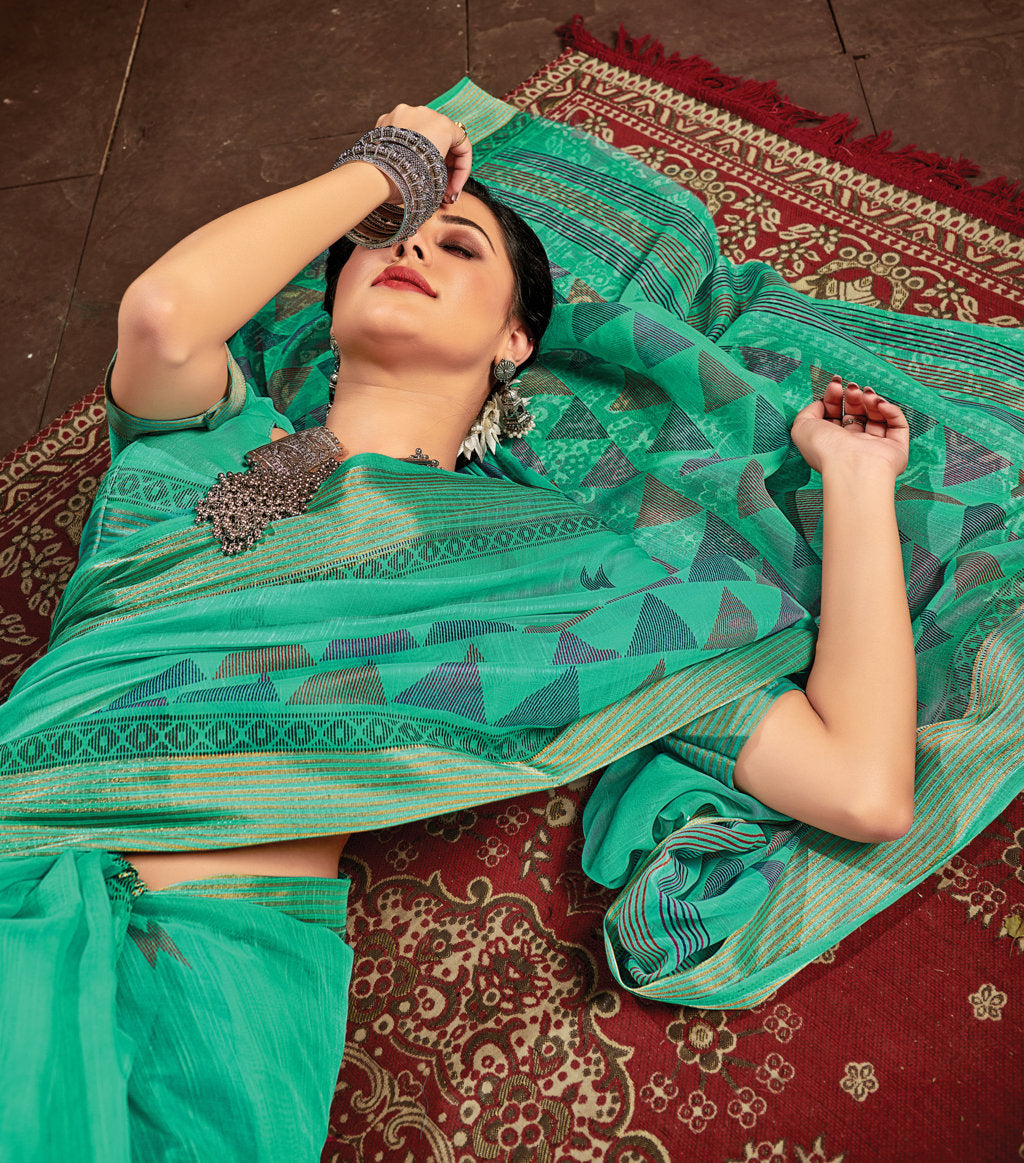 Women's Sangam Prints Sea Green Cotton Woven Work Traditional saree - Sangam Prints