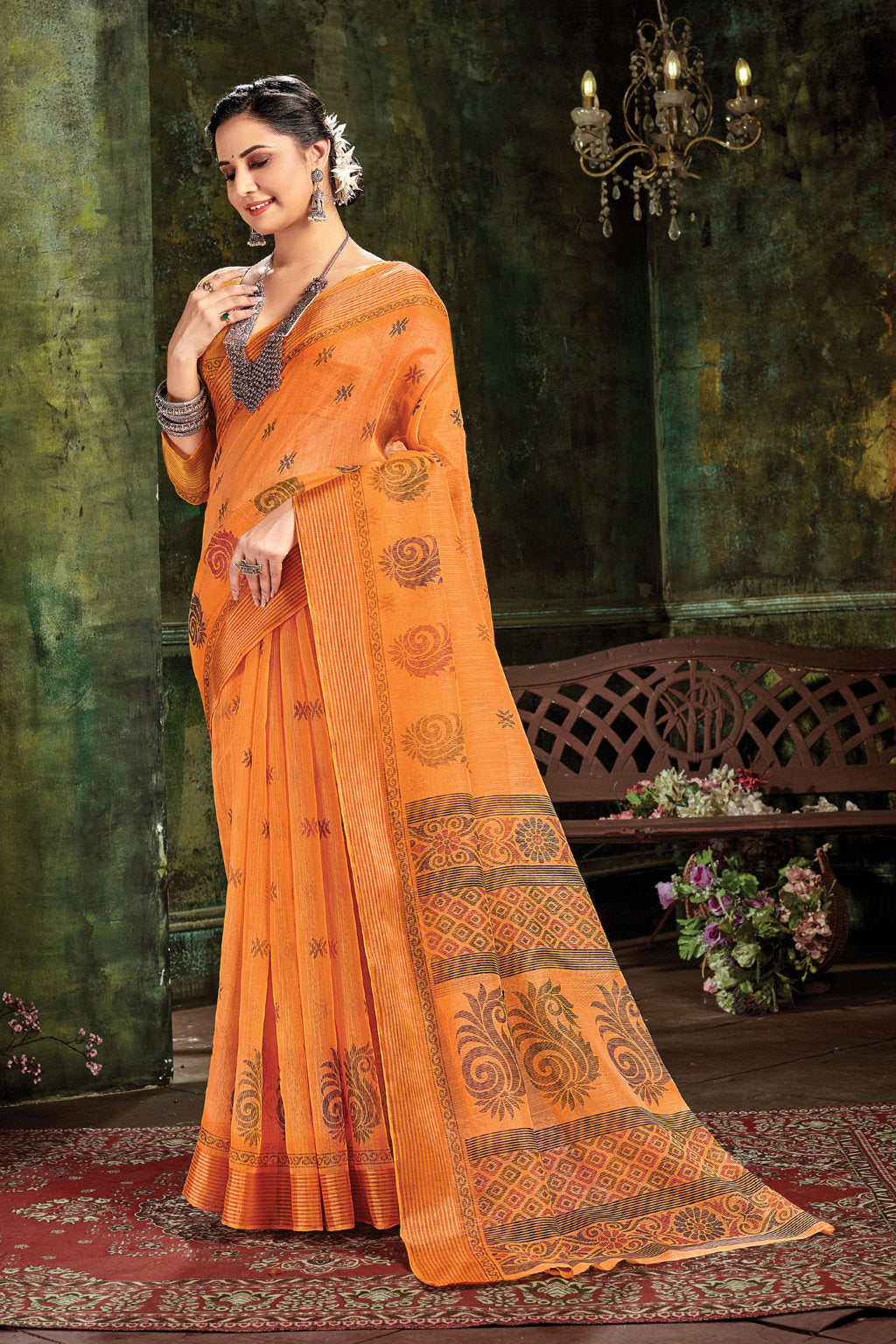 Women's Sangam Prints Orange Cotton Woven Work Traditional saree - Sangam Prints