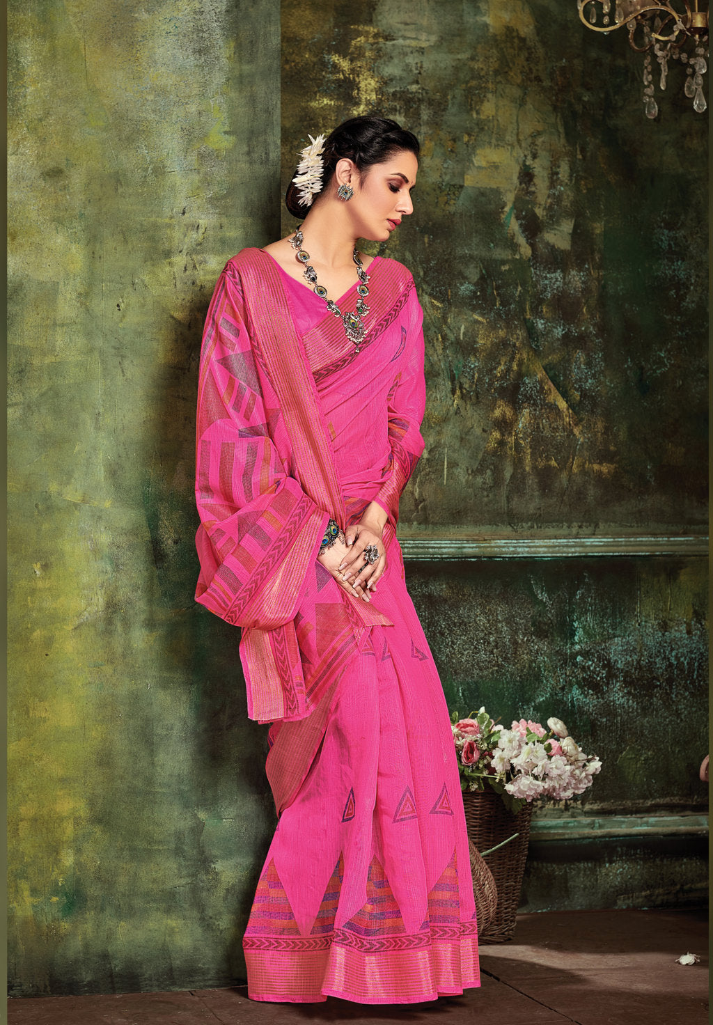 Women's Sangam Prints Pink Cotton Woven Work Traditional saree - Sangam Prints
