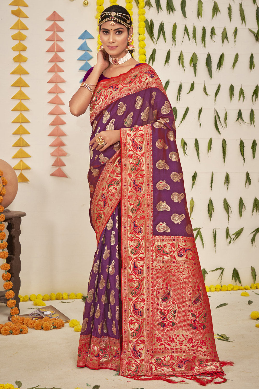 Women's Purple Silk Woven Zari Work Traditional Tassle Saree - Sangam Prints