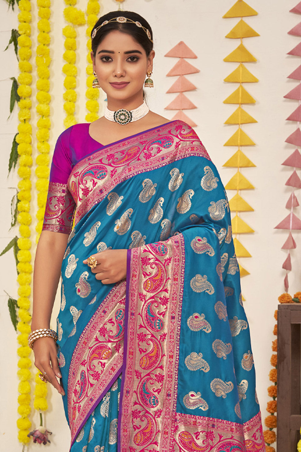 Women's Sky Blue Silk Woven Zari Work Traditional Tassle Saree - Sangam Prints