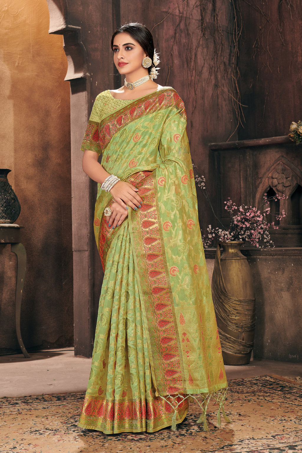 Women's Sangam Prints Light Green Organza Woven Work Traditional Tassle saree - Sangam Prints