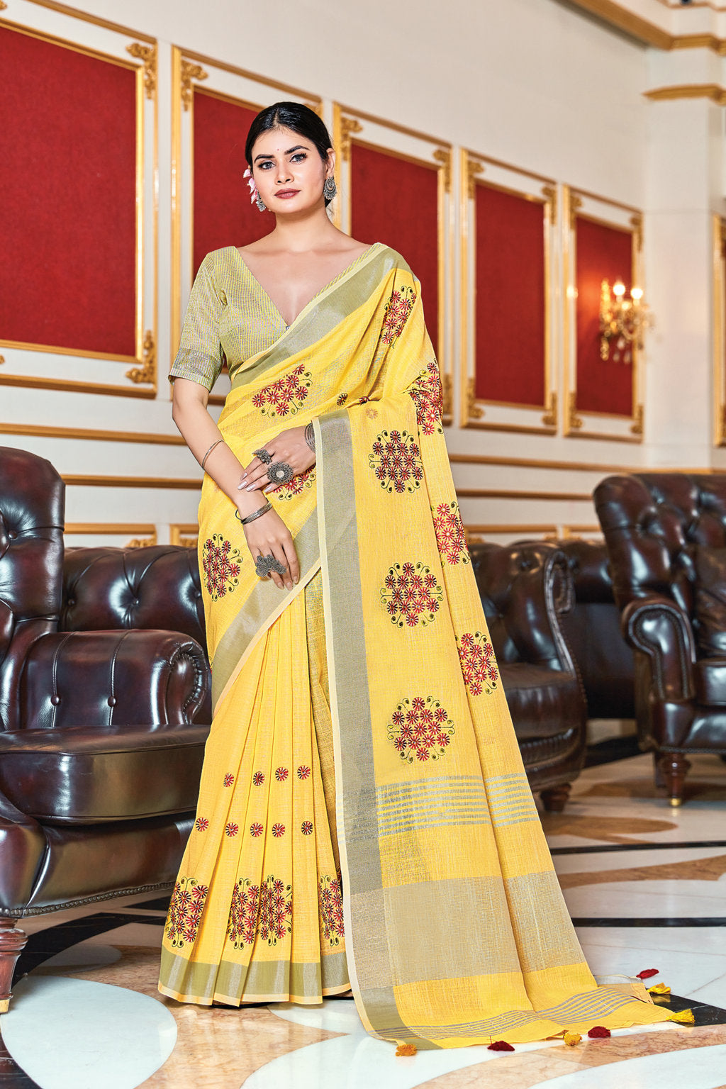 Women's Sangam Prints Yellow Linen Mirror Work Traditional Tassle saree - Sangam Prints