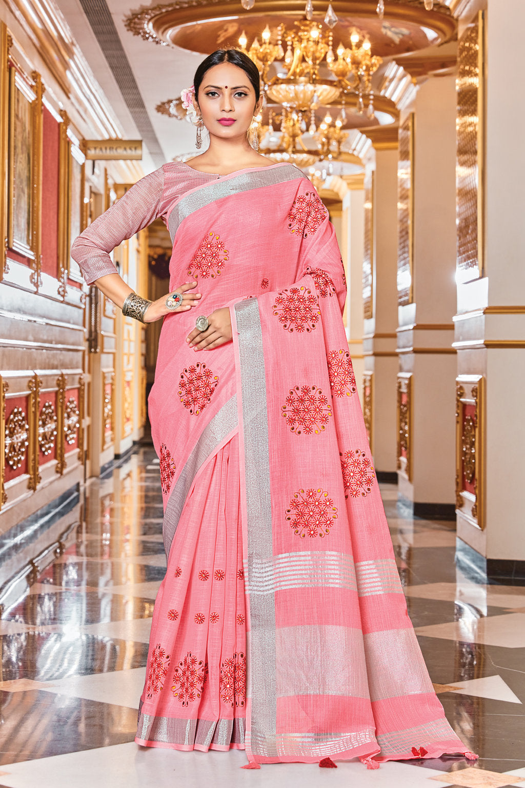 Women's Sangam Prints Pink Linen Mirror Work Traditional Tassle saree - Sangam Prints