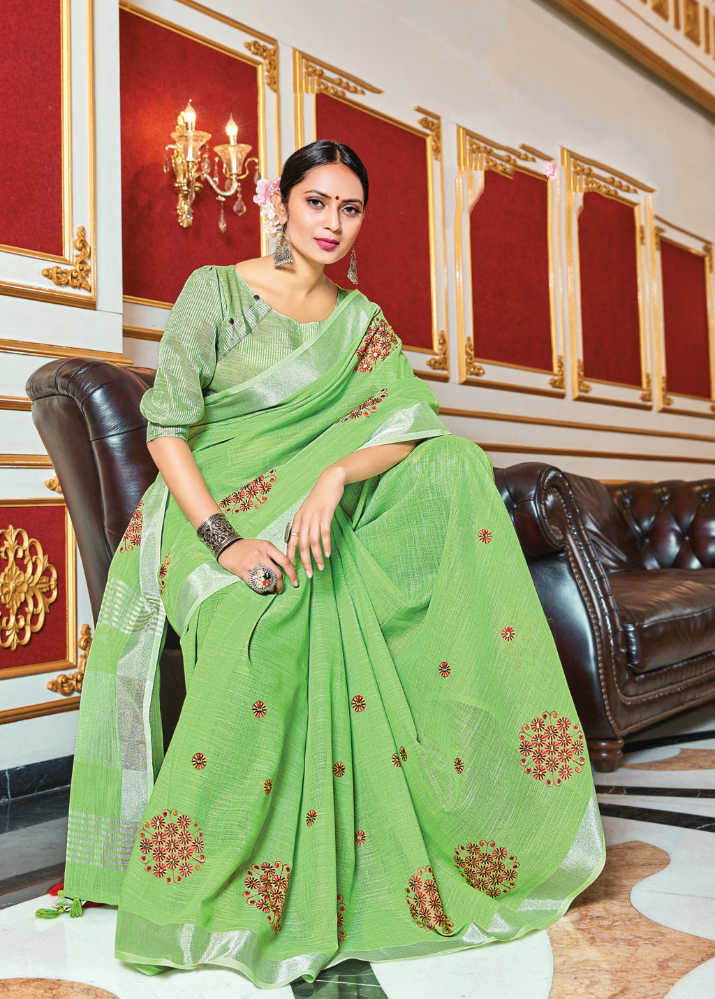 Women's Sangam Prints Light Green Linen Mirror Work Traditional Tassle saree - Sangam Prints