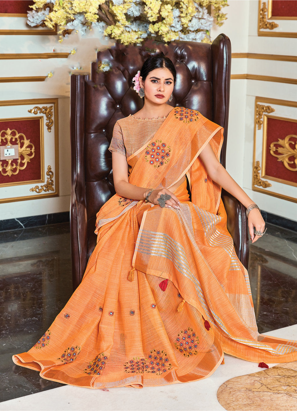 Women's Sangam Prints Orange Linen Mirror Work Traditional Tassle saree - Sangam Prints