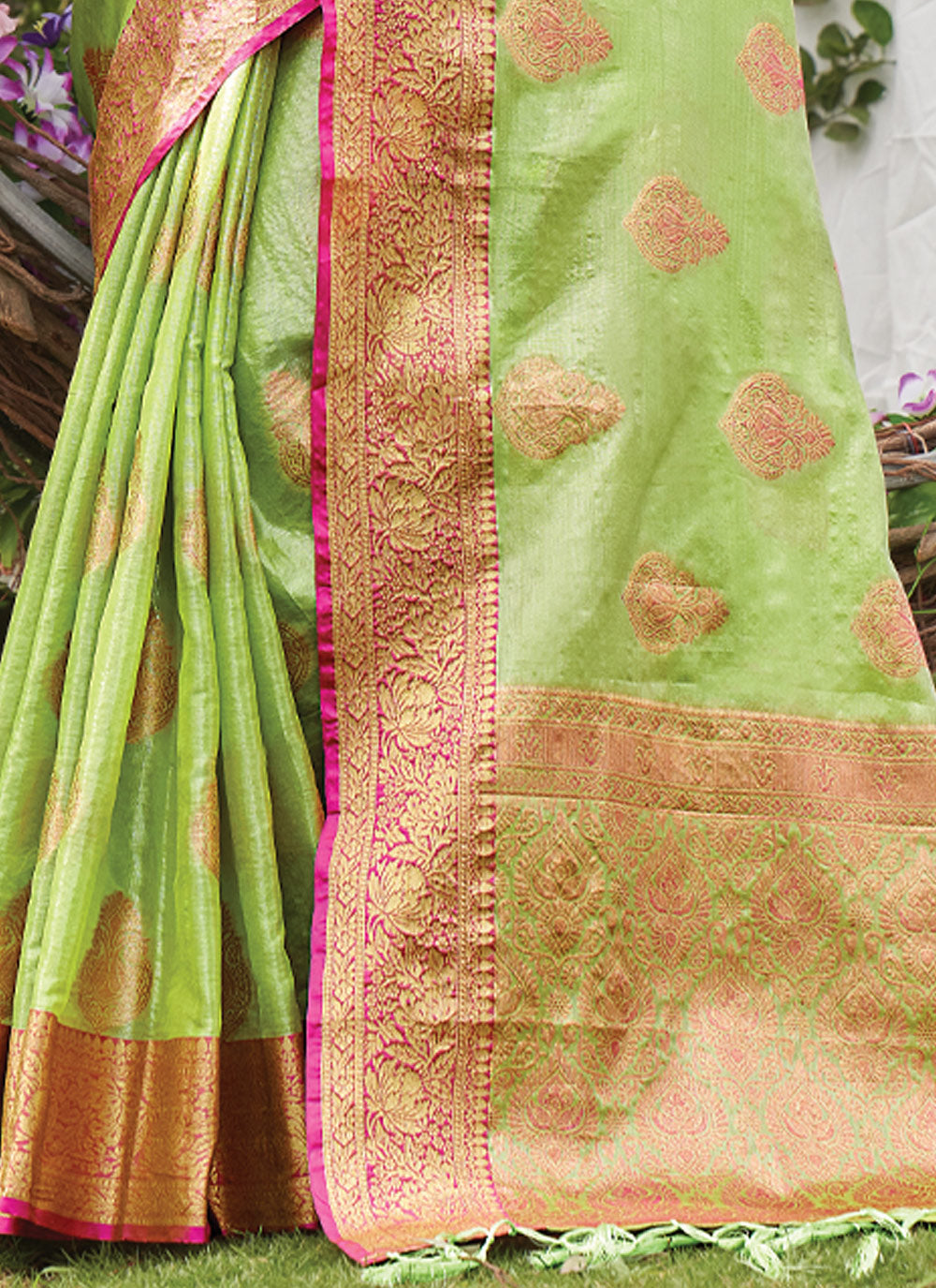 Women's Light Green Organza Woven Zari Work Traditional Tassle Saree - Sangam Prints