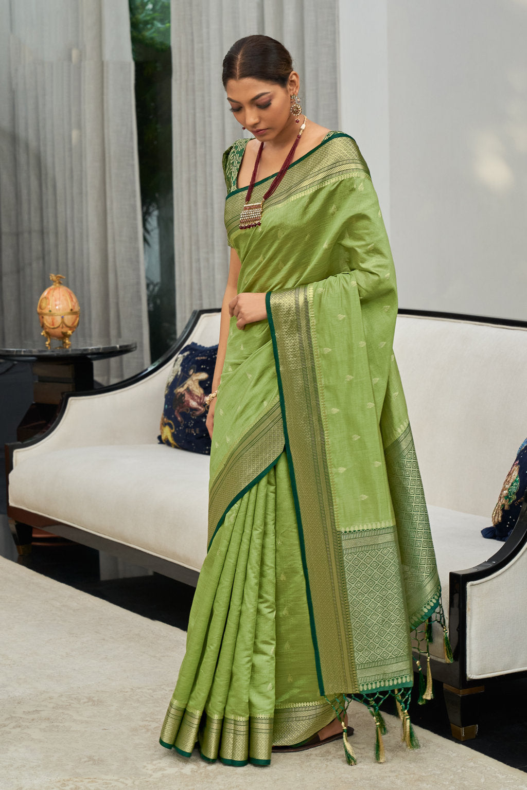 Women's Sangam Prints Light Green Silk Woven Zari Work Traditional Tassle saree - Sangam Prints