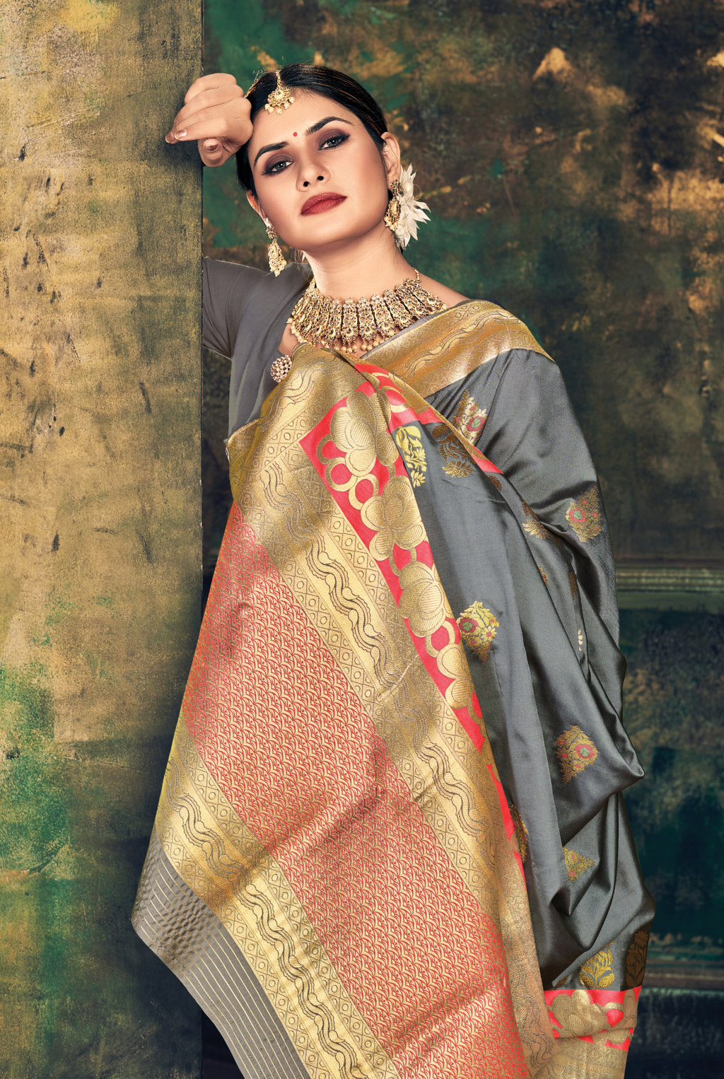 Women's Sangam Prints Grey Jacquard Silk Jacquard Work Traditional saree - Sangam Prints