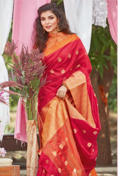 Women's Red Crystal Silk Woven Work Traditional Saree - Sangam Prints