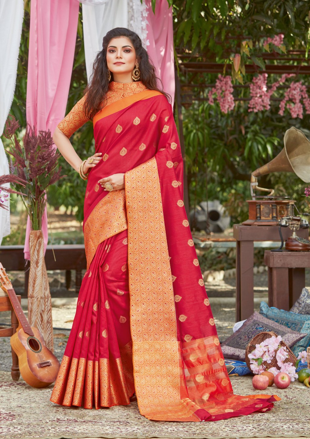 Women's Red Crystal Silk Woven Work Traditional Saree - Sangam Prints