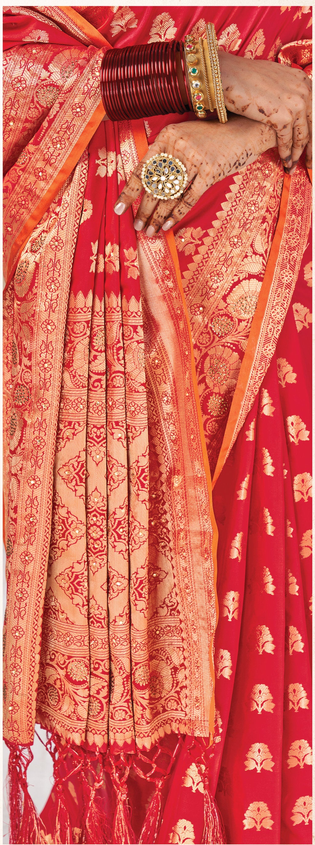 Women's Red Silk Siroski Stone Work Traditional Tassle Saree - Sangam Prints
