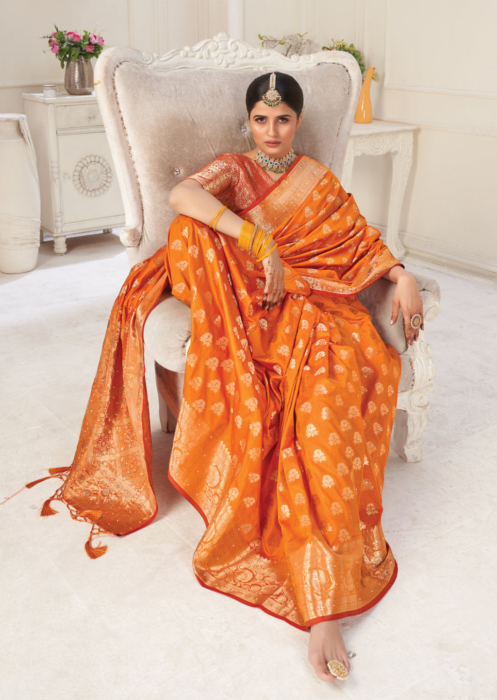 Women's Orange Silk Siroski Stone Work Traditional Tassle Saree - Sangam Prints