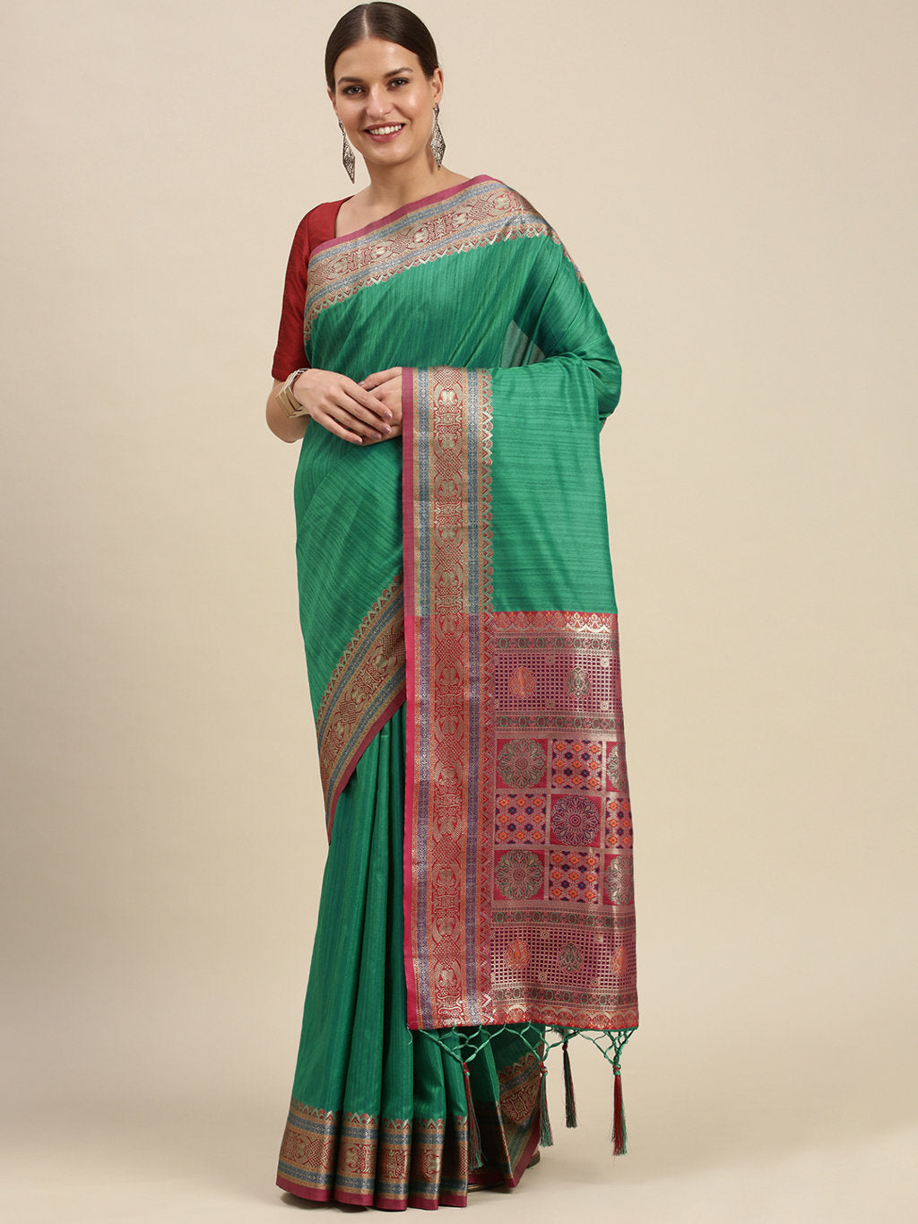 Women's Rama Green Silk Woven Work Traditional Tassle Saree - Sangam Prints