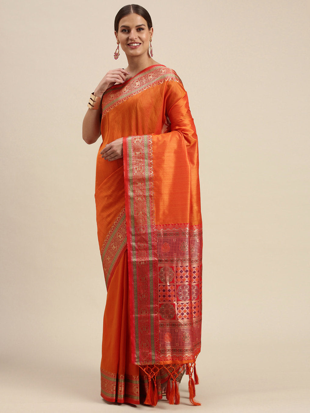 Women's Orange Silk Woven Work Traditional Tassle Saree - Sangam Prints