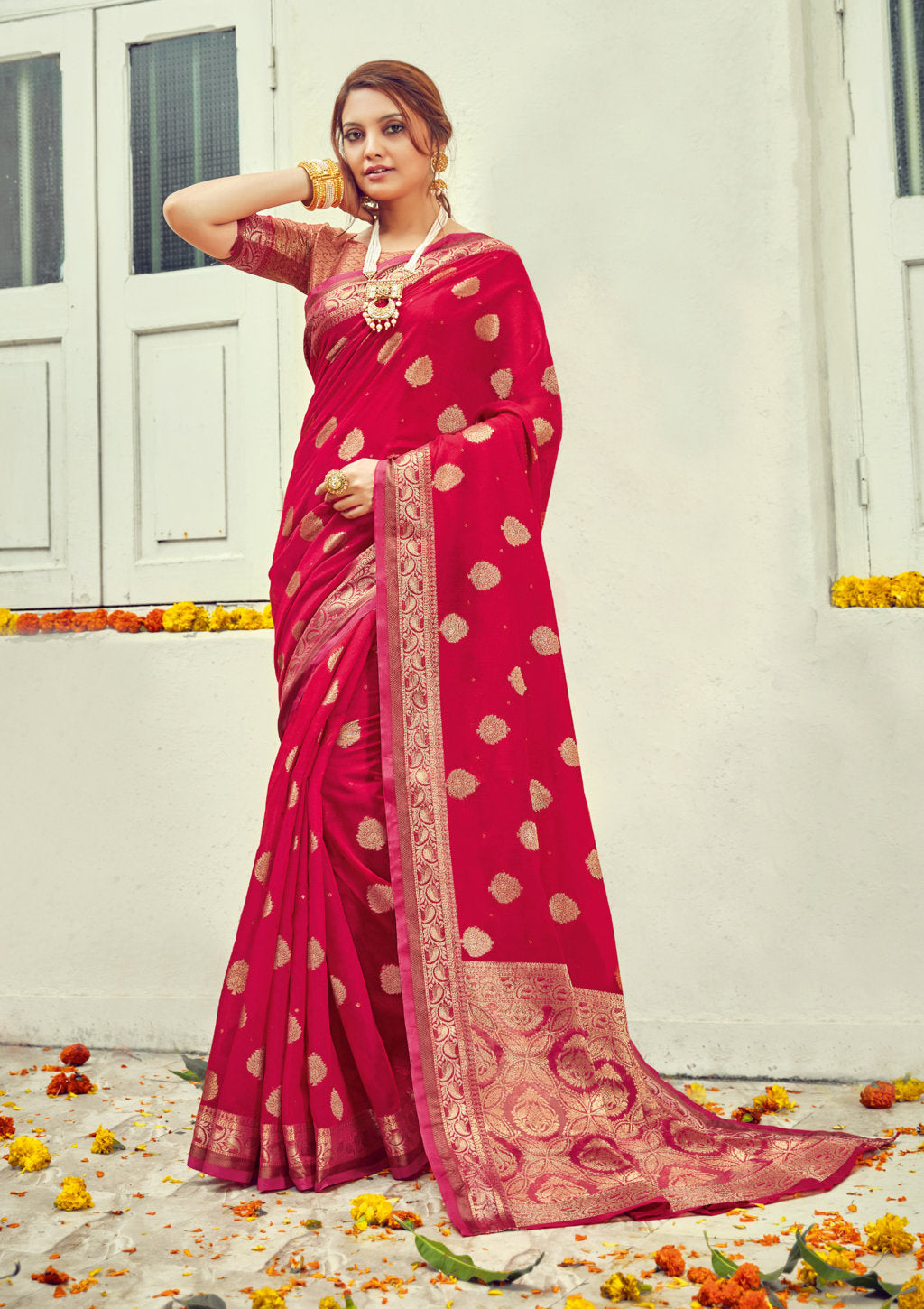 Women's Red Cotton Woven Work Traditional Saree - Sangam Prints