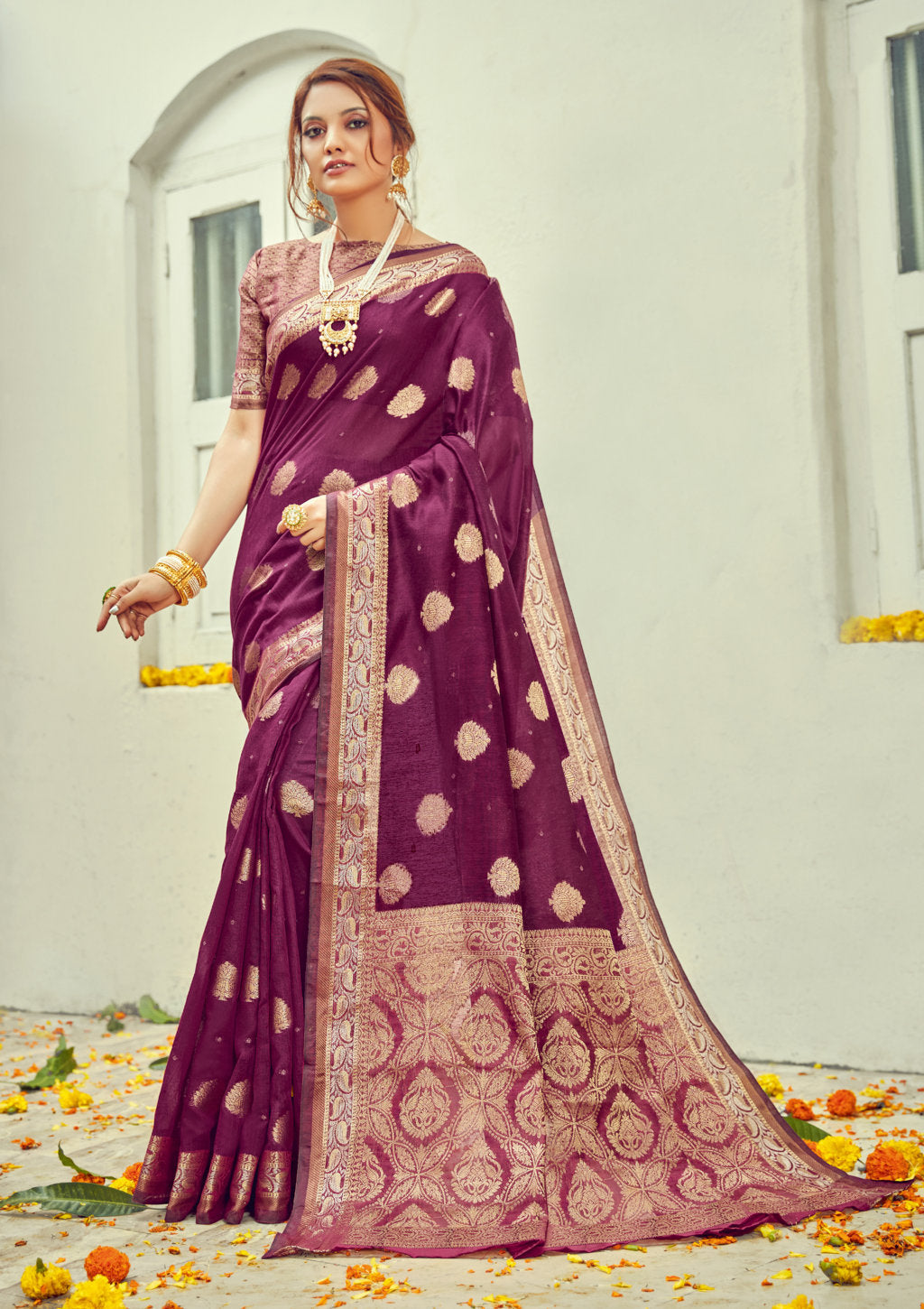 Women's Purple Cotton Woven Work Traditional Saree - Sangam Prints