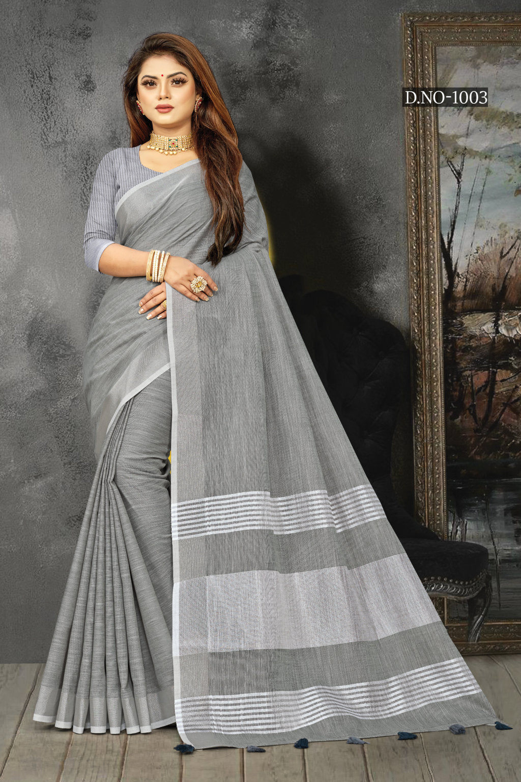Women's Grey Linen Woven Work Traditional Tassle Saree - Sangam Prints