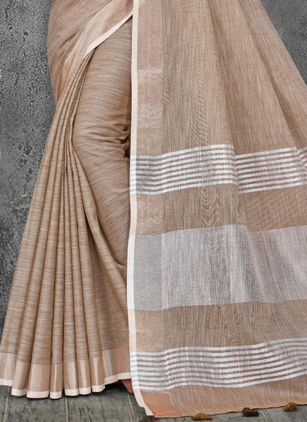 Women's Brown Linen Woven Work Traditional Tassle Saree - Sangam Prints