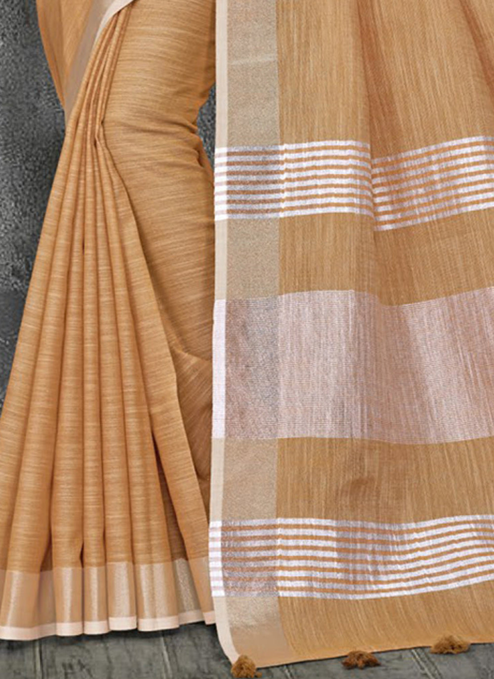 Women's Tan Linen Woven Work Traditional Tassle Saree - Sangam Prints