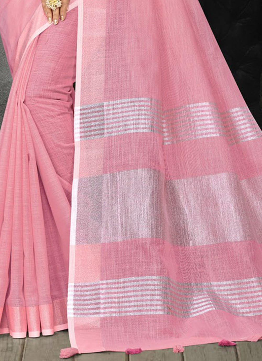 Women's Light Pink Linen Woven Work Traditional Tassle Saree - Sangam Prints